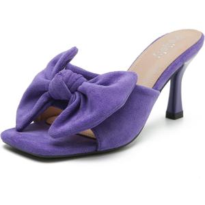 Women's Bow Sandal Mid High Kitten Heel Slip on Square Toe Mule Heels (11.5, Purple)