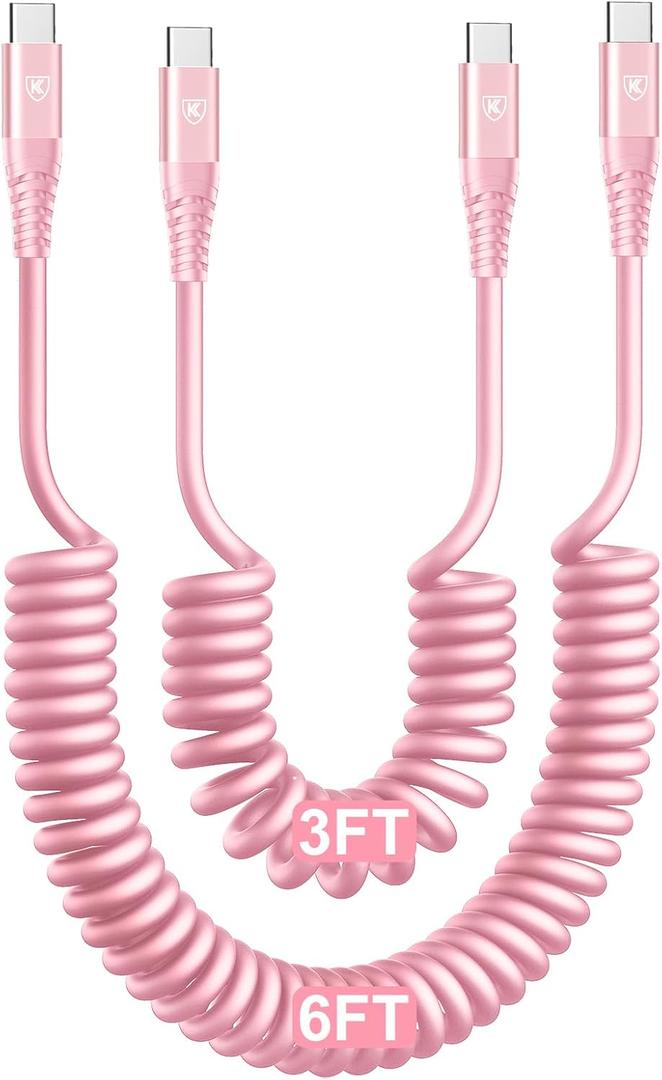 USB C to USB C Cable [3FT+6FT], 2Pack Coiled USBC Cable for Car USB Type C Fast Charging Cable, CarPlay iPhone USB-C Cable/Android Auto USB C Cord for iPhone 17/16/ 15/Pro Max/Samsung Galaxy S23-Pink
