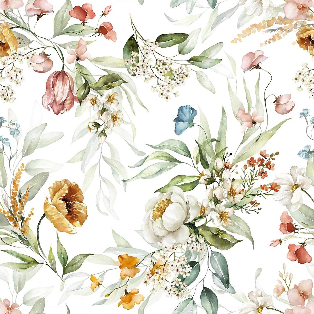 VEELIKE Watercolor Floral Wallpaper Vintage Floral Peel and Stick Wallpaper for Nursery Bedroom Bathroom 17.7''x118'' Removable Botanical Wall Paper Flower Contact Paper for Cabinets Drawers Shelves