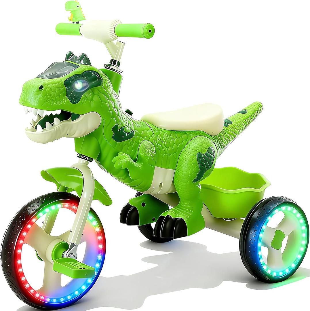 NMM Dinosaur Tricycle for Toddlers, Kids Trike with Music, LED, Tricycles for 3-5 Year Olds, for Rider, Big Wheel, Storage Basket, Horn, Toddler Bike for Boy, Dinosaur Toys for Kids 2-4 4-7