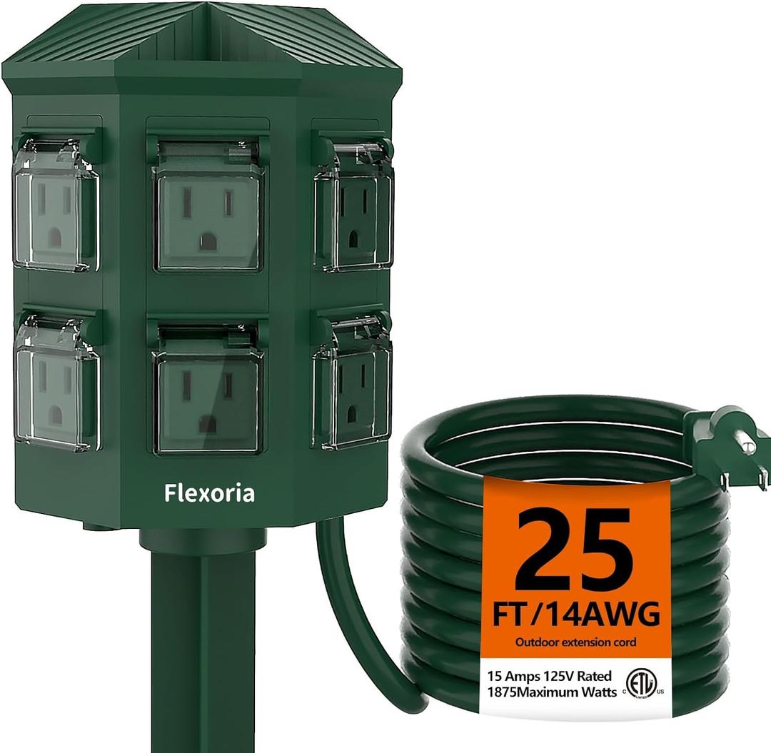 Outdoor Power Strip Waterproof, 25 FT Heavy Duty Extension Cord, 6 Grounded Outlets for Graden and Yard Decorations, 15A/1875W, ETL Listed