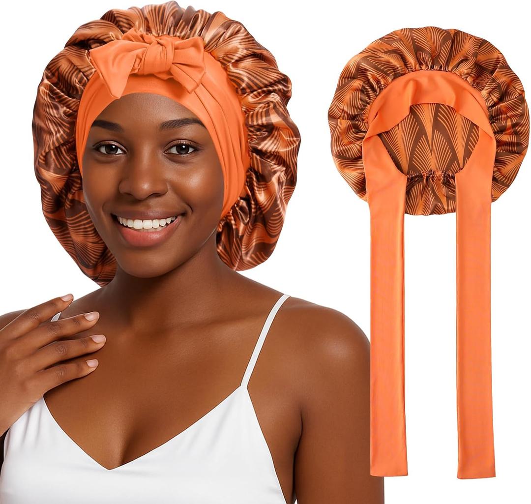3PCS Silk Sleep Bonnet for Women, Large Satin Hair Caps with Elastic Band for Curly Hair and Frizz Control (Color-3 Orange)