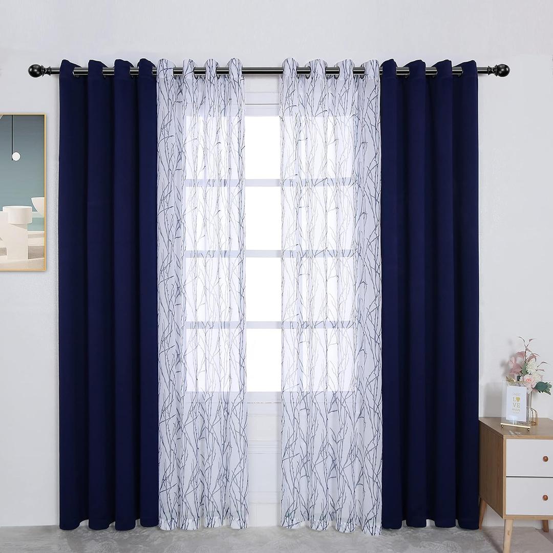 BONZER Mix and Match Curtains - 2 Pieces Branch Print Sheer Curtains and 2 Pieces Blackout Curtains for Bedroom Living Room Grommet Window Drapes, 54x95 Inch/Panel, Indigo, Set of 4 Panels