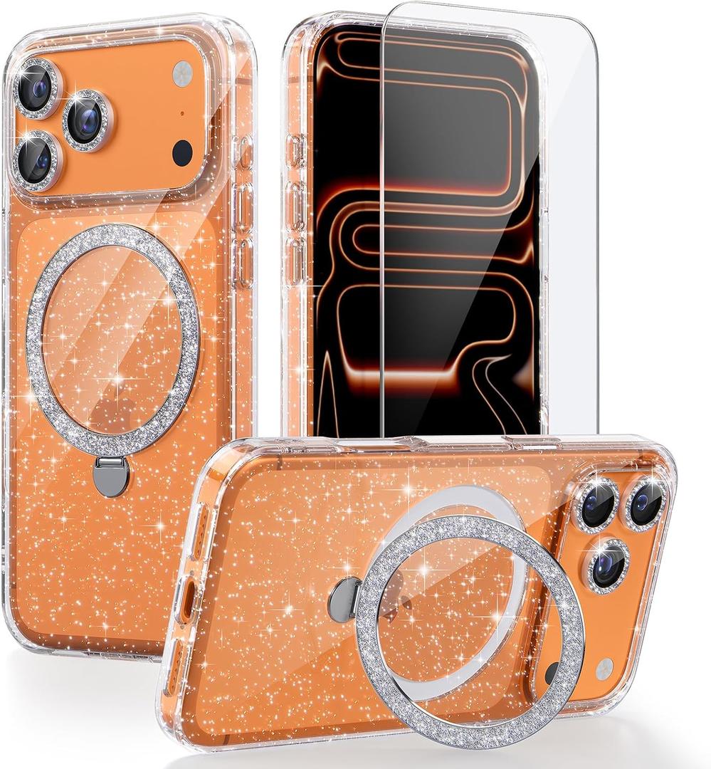 Compatible with iPhone 17 Pro Max Magnetic Case with Stand, Upgraded Clear Glitter Military-Grade Ring Kickstand Cover Case for Women Girls [1xScreen Protector] [1xCamera Lens Protector]-Clear