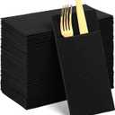 60 Pcs Black Linen-Feel Paper Napkins with Built-in Flatware Pocket, Pocket Linen Napkin Prefolded Cloth Like Paper Napkins Bulk for New Year Silverware Birthday Bathroom Weddings Party
