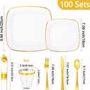 Sylans 700PCS Square White Plastic Plates with Gold Trim for 100 Guests | White and Gold Plates Disposable Dinnerware Set Square, 200 Plates, 100 Rolled Napkins Cutlery, 100 Cups for Party & Wedding