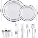 realluck 350 PCS White and Silver Plastic Dinnerware Set for 50 Guests, 100 Disposable Plates for Party, 50 Pre Rolled Napkins with Silver Silverware, 50 Cups