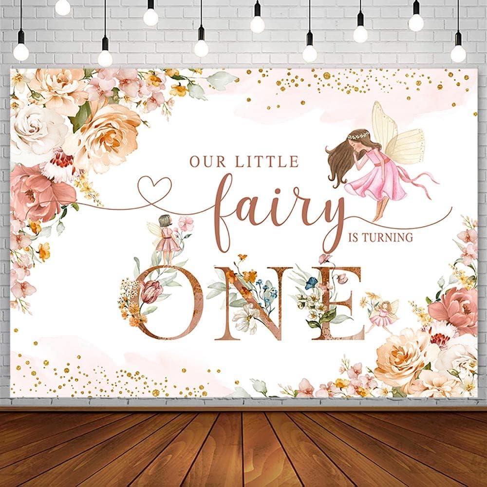 7x5ft Fairy 1st Birthday Backdrop for Girl Blush Pink Floral Gold Glitter Our Little Fairy is Turning One Photography Background First Bday Party Decoration Banner Supplies Photo Booth Studio