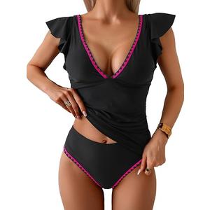 Aidonger Women's Tankini Swimsuit Tummy Control Ruffle Two Piece Bathing Suit V Neck Ruched Swimwear with Bottom, XL