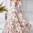 NeeMee Floral Dress Half Sleeve Drawstring Puffy A-Line French Beach Wedding Graduation Party Gown (Pink, L)