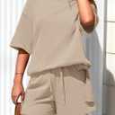 PRETTYGARDEN Women's 2 Piece Lounge Sets 2025 Summer Short Sleeve Tunic Tops Drawstring Shorts Matching Outfits Tracksuits (Beige, Small) (S)