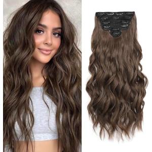 Fliace Clip in Hair Extensions, 4 PCS Natural & Soft Hair & Blends Well Hair Extensions, Dark Brown Long Wavy Hairpieces(24inch, 6pcs, Chocolate Brown)