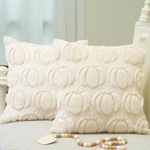 GEEORY Fall Pumpkins Soft Plush Pillow Covers, 18 x 18 Inch Set of 2, Fluffy Faux Fur Wool Decorative Farmhouse Cushion Case for Sofa Home Decoration Beige Pumpkin GC020-18