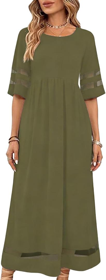 Womens Summer Dresses Casual Maxi Dresses Mesh 3/4 Sleeve Crewneck Smocked Elastic Waist Boho Beach Dress (Green, XXL)