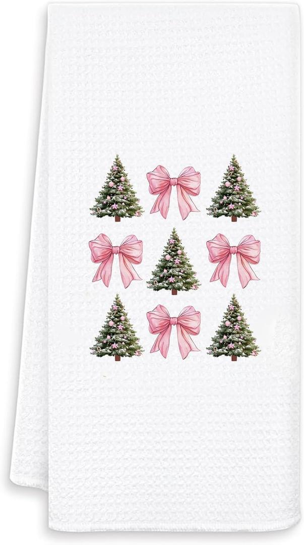 2 x Pink Bow Christmas Tree Hand Towel 16x24 Inches  Elegant Holiday Decor Towel for Bathroom, Kitchen or Guest Room