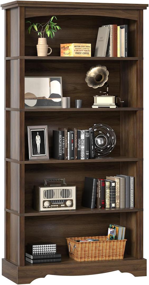 TVU 5-Tier Wooden Bookshelf, 31.5" W x 65" H 9.9" D Bookshelf with Storage, Floor Standing Modern Style Display Bookcase for Living Room, Office, Study Room, Entryway, Brown