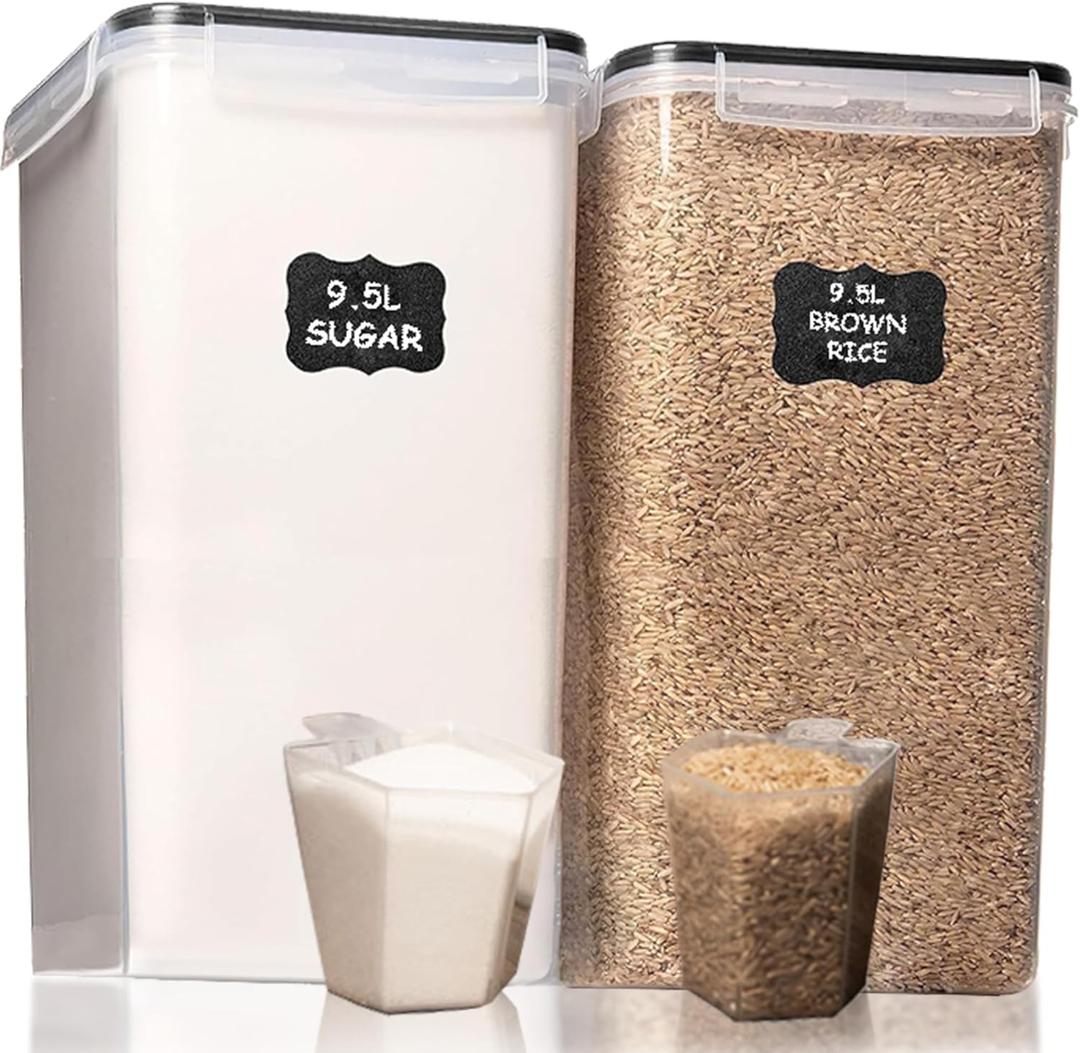 Shazo 2 PC (9.5L | 321 Oz) Extra Large Bulk Food Storage Containers with Airtight Lids for Flour, Sugar, Rice, Cereal & Pasta - Leakproof, BPA-Free Plastic Canisters for Kitchen & Pantry Organization (Black)