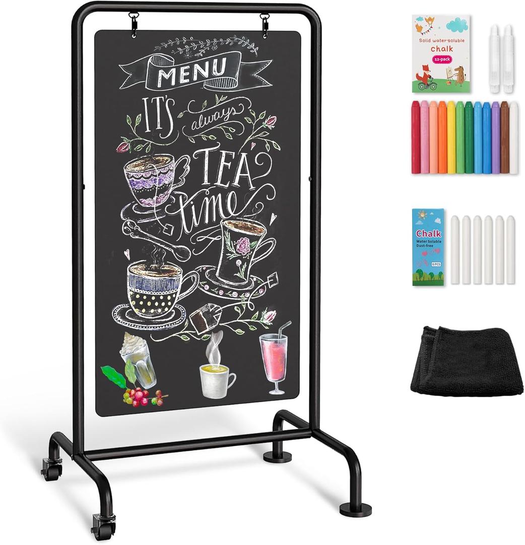 SELEAD Metal Swinging Chalkboard with Wheels - 40" x 20" Double Sided Rolling Sidewalk Chalk Board Easel Sign, Large Outdoor Indoor Menu Message Sandwich Pizarra for Business, Wedding, Cafe