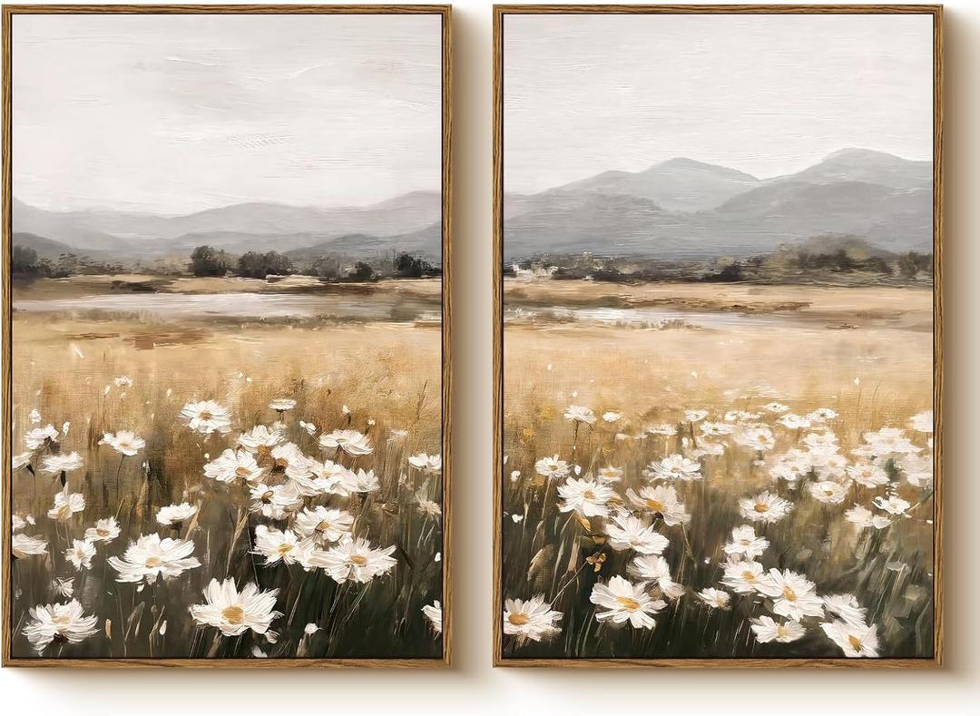 Vintage Large Landscape Framed Canvas Wall Art Set of 2 16"x24", Minimalist Meadow Flower Mountain Painting Prints, Neutral Floral Nature Artwork Living Room Bedroom Modern Farmhouse Decor