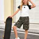 Girls Summer Outfits 2-Piece Clothes Color Block Print Short Sleeve Top and Camo Short Sets Teen Girl Clothes 6-16Y (6-7 Years, Black)