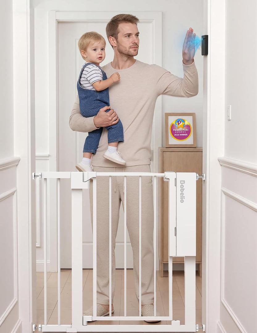Babelio Smart Baby Gate with Auto-Unlock/Close, Pressure Mounted No Drill for Doorways/Top of Stairs. Pet/Dog Door Wide Walk Thru w/Infrared Sensor & Instant Safety Alert (White, 30.3-47.2" W, 30" H)