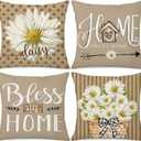 Daisy Throw Pillow Covers 18 x 18 Set of 4 Sweet Home Bless Our Home Spring Summer Decorative Cushion Case for Sofa Couch Living Room (Brown)