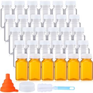 Nuogo 36 Pack 5 oz Plastic Juice Bottles Bulk with Lids Reusable Transparent Clear Drink Containers Caps Mini Bulk Beverage Water Bottle with Funnel and Brush for Juicing Milk Drinking(White Lid)