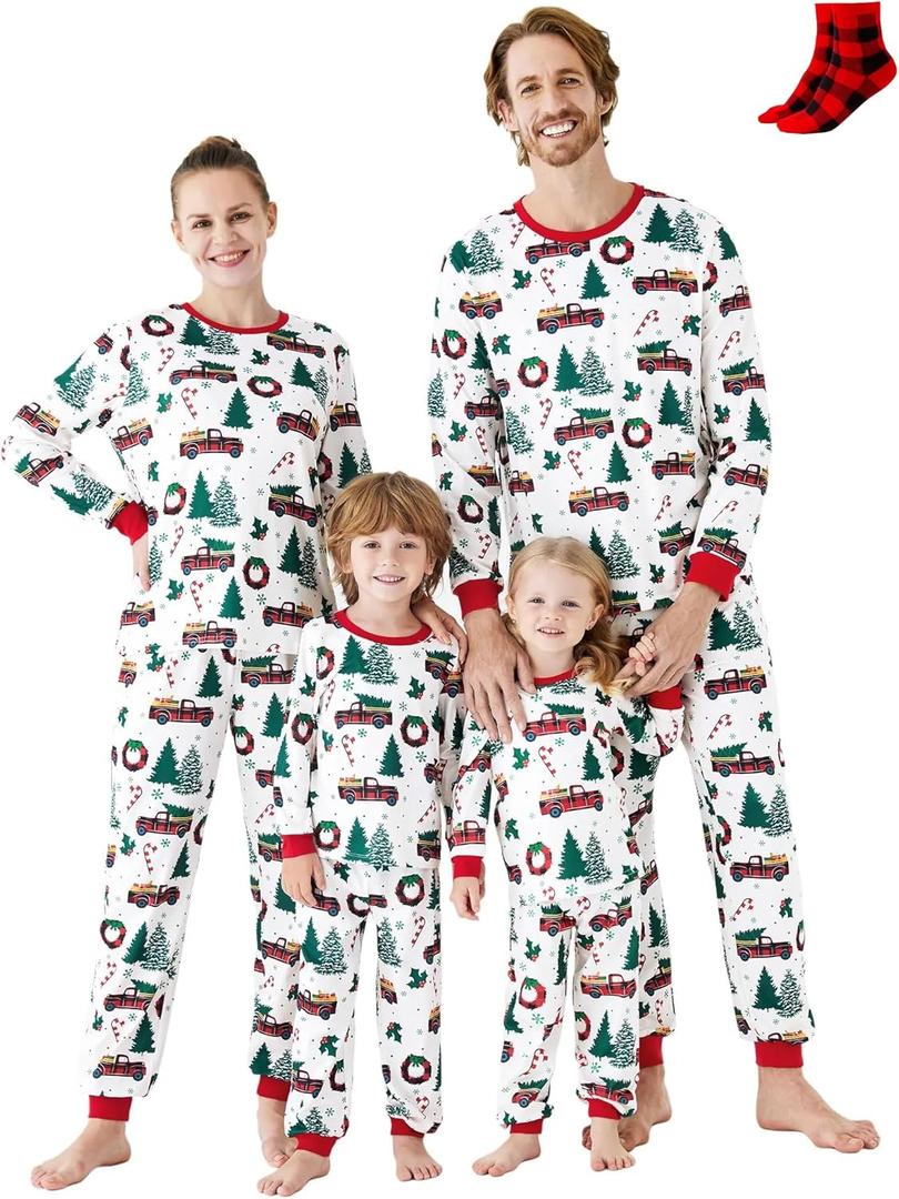 PATPAT Christmas Family Matching Pajama Sets Includes Christmas Socks - Perfect for Family Photos & Holiday Celebrations (White, XXL)