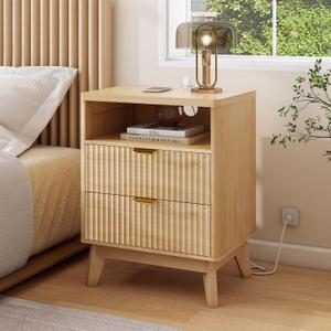 LYNCOHOME Fluted Nightstand with Charging Station, 19.7 inch Wide End Table with 2 Drawers, Modern Wood Bedside Table for Bedroom,Natural,1 Pcs, 15"D x 19.7"W x 25.5"H2 Drawers