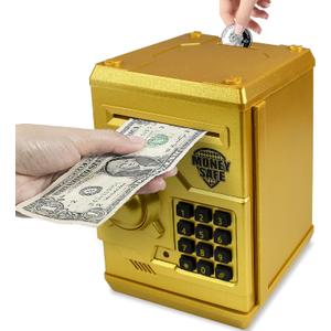 Mini ATM Piggy Bank ATM Machine Best Gift for Kids,Electronic Code Piggy Bank Money Counter Safe Box Coin Bank for Boys Girls Password Lock Case (Gold)