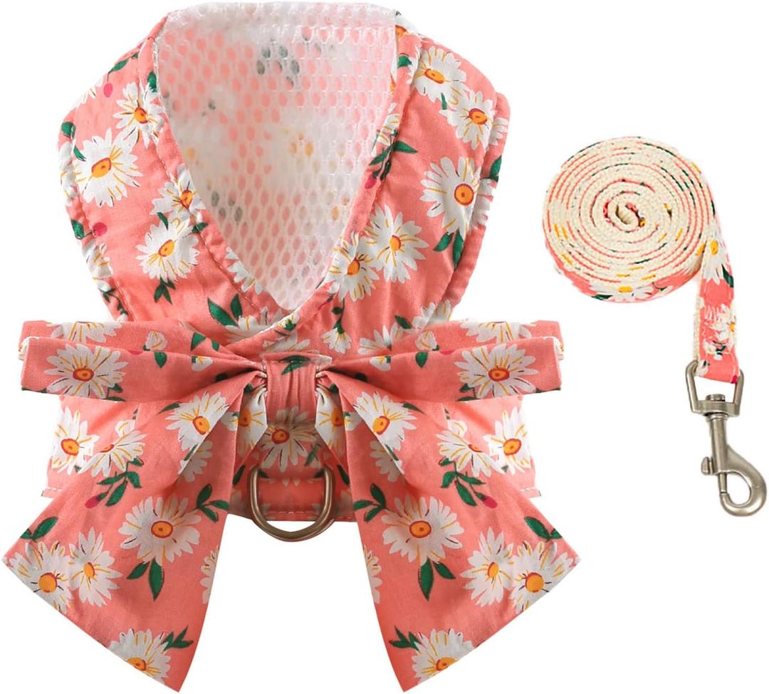 BAEJMJK Dog Harness and Leash Set with Bow Knot No Pull Pet Daisy Floral Harness with D-Ring Soft Mesh Dog Harness Vest Set Escape Proof Princess Puppy Harness for Small Girl Dogs Cats Pink M