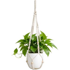 Mkono Macrame Plant Hanger Indoor 29 Inch Hanging Planter Basket with Wood Beads Decorative Flower Pot Holder No Tassels for Indoor Outdoor Boho Home Decor (POTS NOT Included) (1, Ivory)