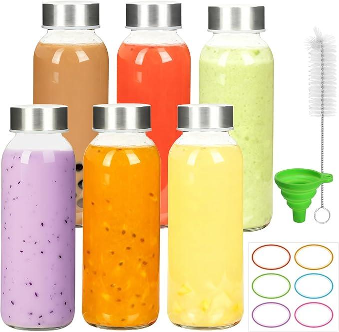 6 Pack Glass Juice Bottles with Lids  5 oz Clear Water Bottles With Stainless Steel Cap  Liquid Storage Containers for Juicing, Refrigerator  Includes 12 blank labels, 1 Folding Funnel and 1 Brush