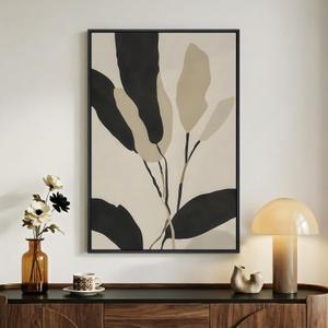 Framed Boho Abstract Wall Art for Living Room, Neutral Black Beige Wabi Sabi Botanical Leaf Prints Canvas Artwork for Walls, Minimalist Mid Century Modern Wall Decor for Bedroom Home Office, 24x36 In