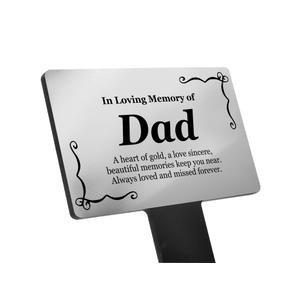 Dad Memorial Plaque, Grave Marker for Cemetery, Outdoor Garden Stake - Silver & Black, decorative plaque, engraved with 'In Loving Memory Dad' (Regular)