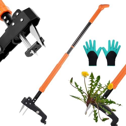 DOUBFIVSY Weed Puller Tool, 39"- 47" Heavy Duty Stand Up Weed Puller Adjustable Long Handle, 4-Claw Steel Head, Easy-Eject Mechanism Weed Remover Tool for Garden Lawn, Remove Weeds Without Bending