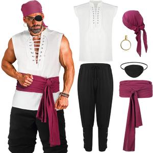 Boyiee 6 Pcs Mens Pirate Costume Medieval Renaissance Viking Shirt Ankle Banded Pants Pirate Accessories for Carnival Outfit (Medium)