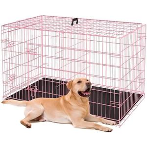 30-Inch Folding Metal Dog Crate for Small and Medium Breeds Double Door, Removable Tray, and Carry Handle Ideal for Indoor - Pink