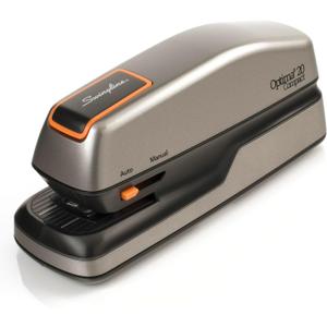 Swingline Electric Stapler, 20 Sheet Capacity, Optima 20, Jam Free, Compact, Automatic or Manual, Plug In or Battery, Orange and Gray (48207) (Half Strip)