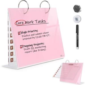 Desktop Glass Dry Erase & Acrylic Aesthetic Desk Calendar Weekly to-do List Combo, Small Magnetic Standing Whiteboard, Desk Flip Easel Calendar with Accessories for Home Office Supply, Pink, 9 x 7''