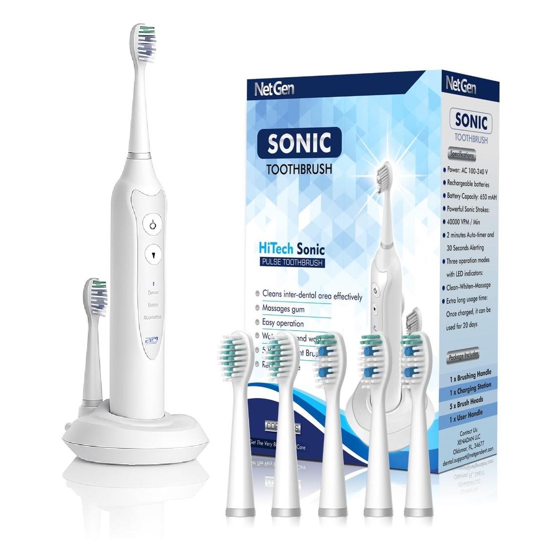 Sonic Electric Toothbrush for Adults with 5 Toothbrush Replacement Heads, 3 Brushing Modes & 2 Minutes Built-in Timer, Travel Toothbrushes with Inductive Charging, Rechargeable toothbrush | White