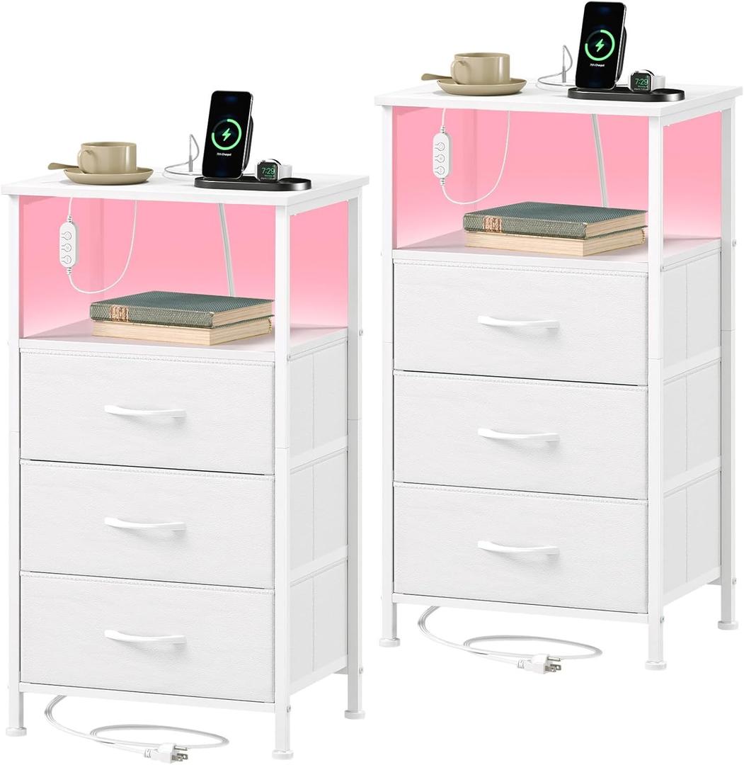 Somdot Nightstands Set of 2,Bedside Tables with Charging Station and LED Lights,Night Stand with 3 Fabric Drawers, End Tables with Open Shelf for Small Spaces Bedroom Entryway Hallway, White Leather, 11.8"D x 15.7"W x 28.3"H