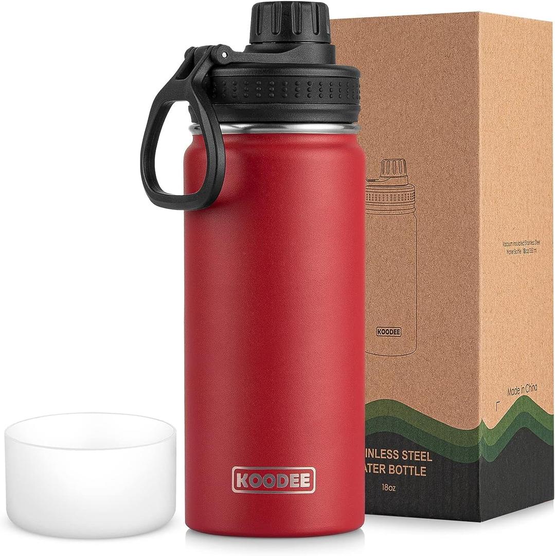 Koodee Insulated Water Bottle, 18 oz Stainless Steel Double Wall Vacuum Wide Mouth Sport Bottle with Leakproof Spout Lid (Canyon Red)