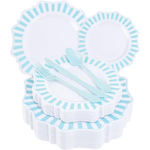 COLOSUS 150pcs Disposable Blue and White Striped Easter Plastic Party Plates and Silverware set, Light Blue Dinner/Dessert Plates silverware serve 30guests for Birthday, New Year and Daily use.