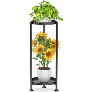 KMOTASUO 2 Tier Plant Stand Indoor for Large Tall Heavy Duty Planter, Multiple Sturdy Metal Flower Corner Rack for Narrow House Floor, Iron Vertical Level Round Orchi Holder Organizer, Black