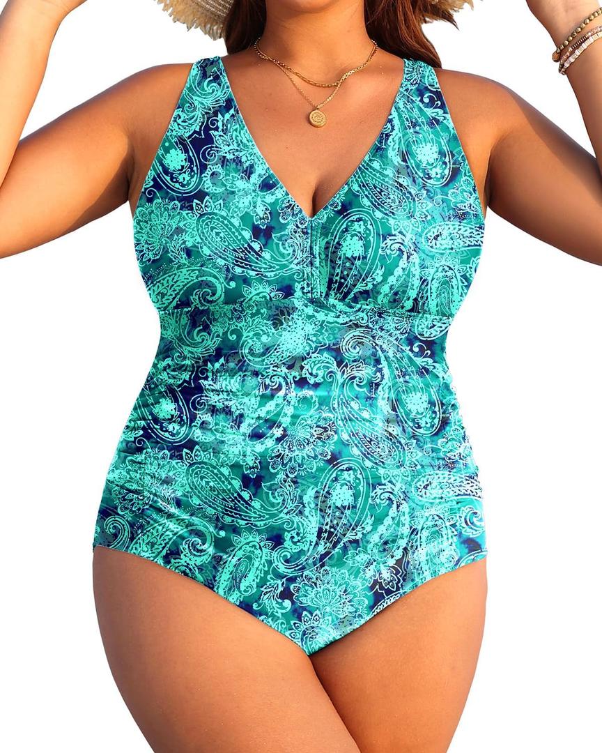 Aqua Eve Women Plus Size One Piece Swimsuits V Neck Tummy Control Bathing Suits Retro Ruched Swimwear (16 Plus, Blue Paisley)