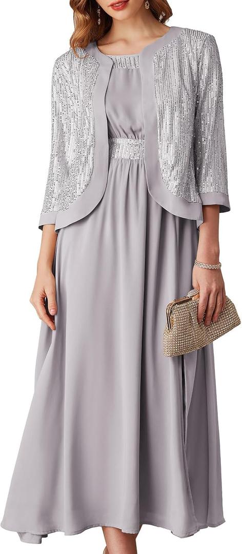 GRACE KARIN Women's Formal Dresses Mother of The Bride Dresses for Wedding Party Cocktail Dress Two Piece Dress Sequin Dress (16, Silver White)