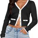 LEEDYA Women's Long Sleeve Cardigan Open Front Knit Cropped Sweaters Fall Color Block Button Down V Neck Lightweight Tops, Size L