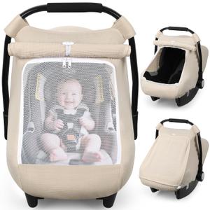 Rquite Car Seat Cover Baby, Carseat Covers Girl Boy, Breathable Muslin Cotton, Large Mesh Window, Infant Car Seat Canopy Baby Carrier Cover Stroller Sun Shade for Summer & Hot Day, Beige