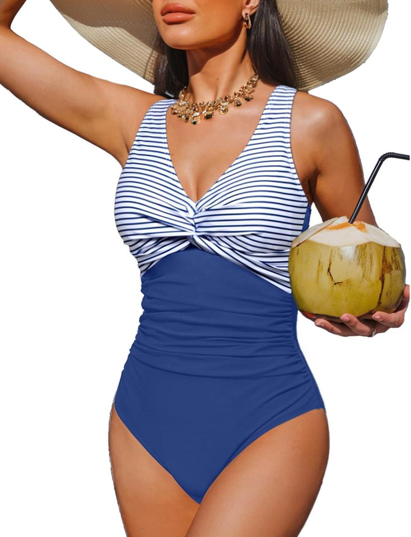 Women's Tummy Control One Piece Swimsuit Push Up Full Coverage Bathing Suit | V-Neck Twist Front, Low-Back Design, Adjustable Straps, Removable Pads, Full Coverage, Long-Torso Fit, Beach and Pool Days (Blue, L)